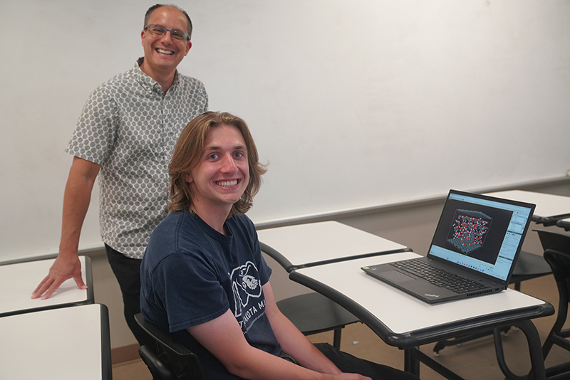 Evan Gran, a sophomore chemical engineering major, worked with Kenneth Benjamin, Ph.D., associate professor of chemical and biological engineering, on using molecular simulations to understand certain equilibria and transport properties of liquids in nano-confinement.