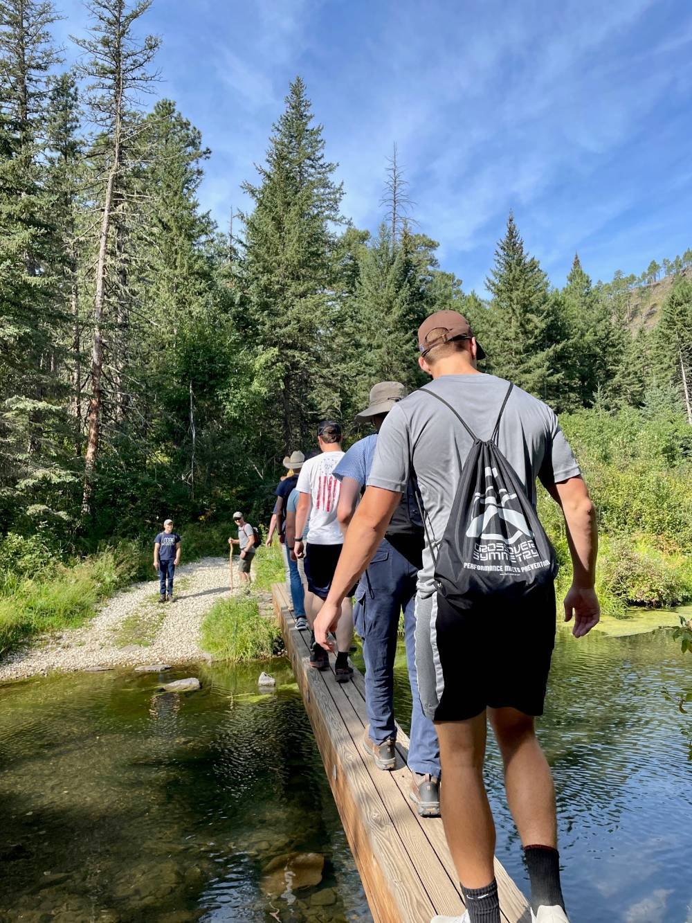 Students crossing bridge