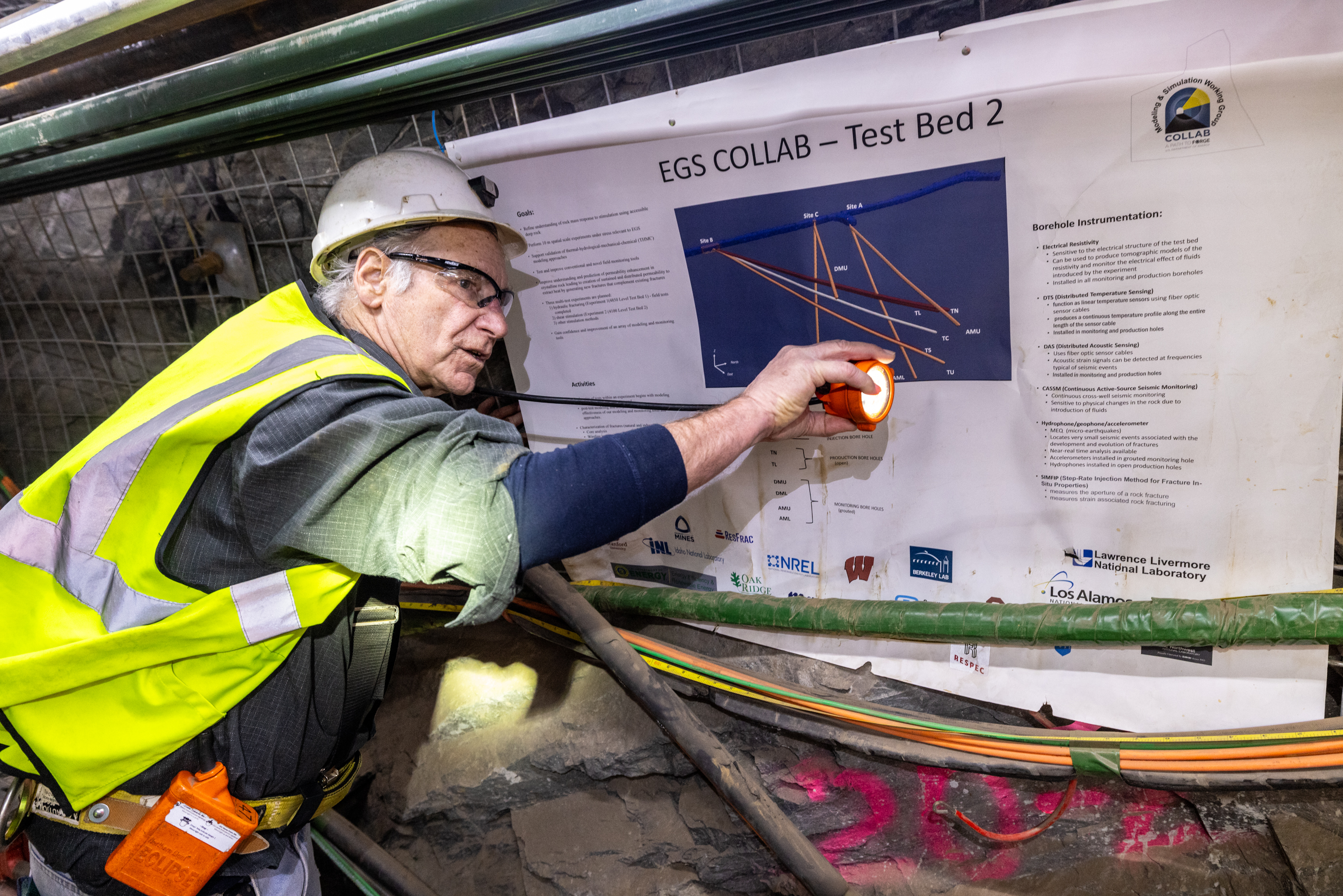 Dr. Bill Roggenthen, a professor emeritus of geology at South Dakota Mines, speaks inside the geothermal laboratory, 4100 feet below the surface at SURF. Photo by Matthew Kapust