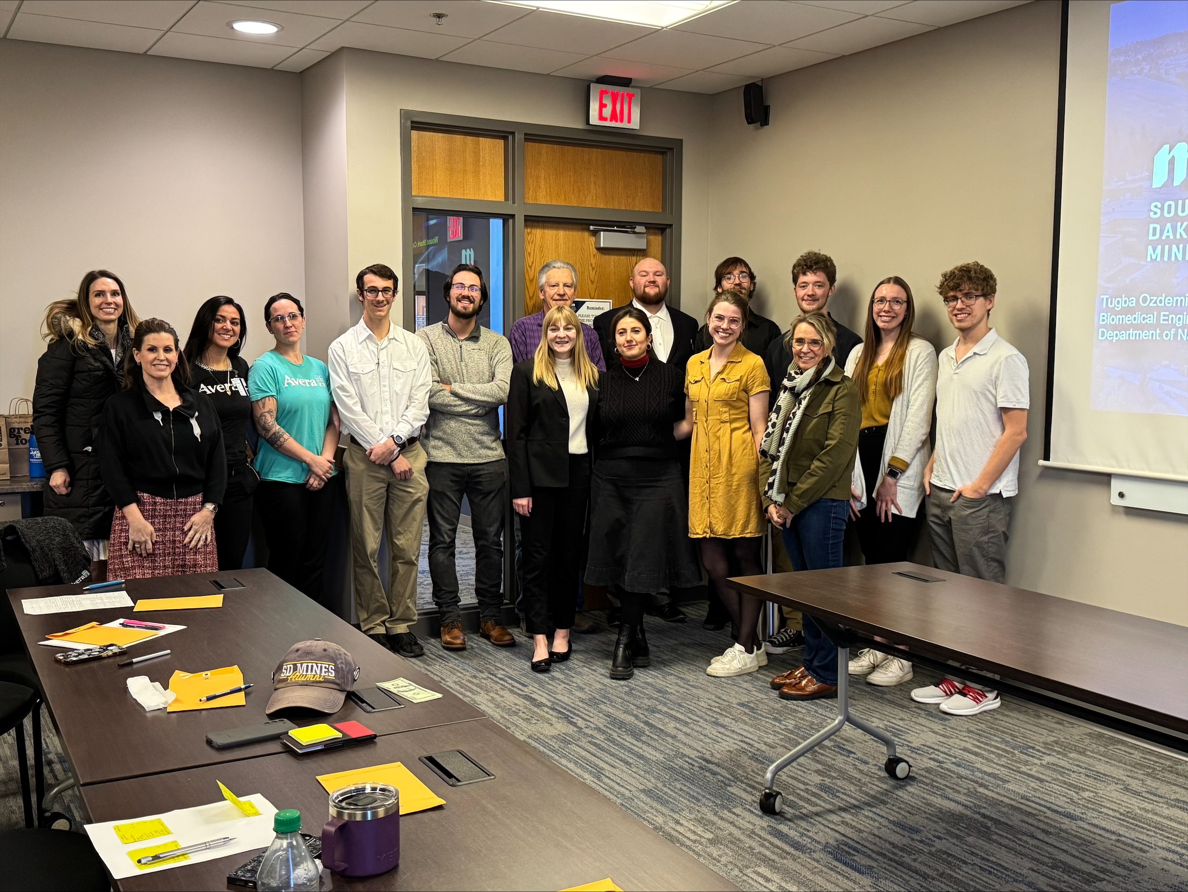 As part of their Cell and Tissue Engineering lab course, four South Dakota Mines student teams showcased their inventions to a panel of “local” sharks who questioned and critiqued students before negotiating deals.  