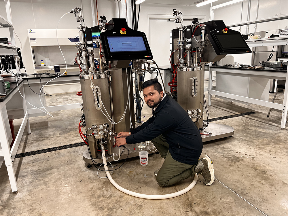 Dipayan Samanta conducting 30-L pilot-scale fermentation at Dakota BioWorx and harvesting microbial biomass for downstream processing.