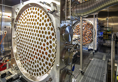 Lower (left) and upper photomultiplier tube arrays are prepared for LZ at the Sanford Underground Research Facility in Lead, South Dakota. Credit: Matthew Kapust/Sanford Underground Research Facility