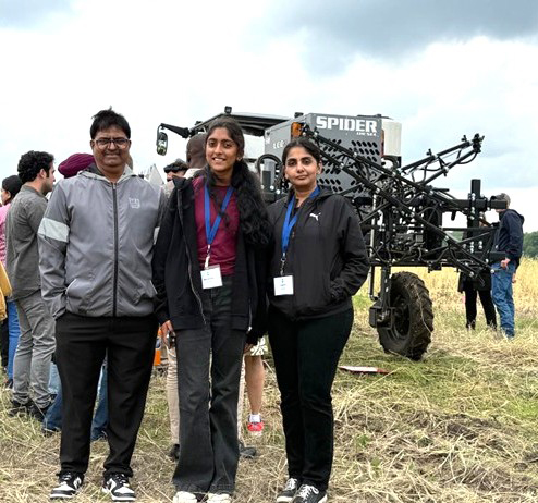 Dr. Rajesh Sani (left), Anagha Ashok (center), and Dr. Tanvi Govil (right) at Havelock Farm, Nebraska, observing the field application of the team’s BioWRAP formulation during the NSF EPSCoR RII BioWRAP project meeting.