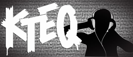Campus radio station KTEQ's logo with sillhouette of a person wearing headphones.